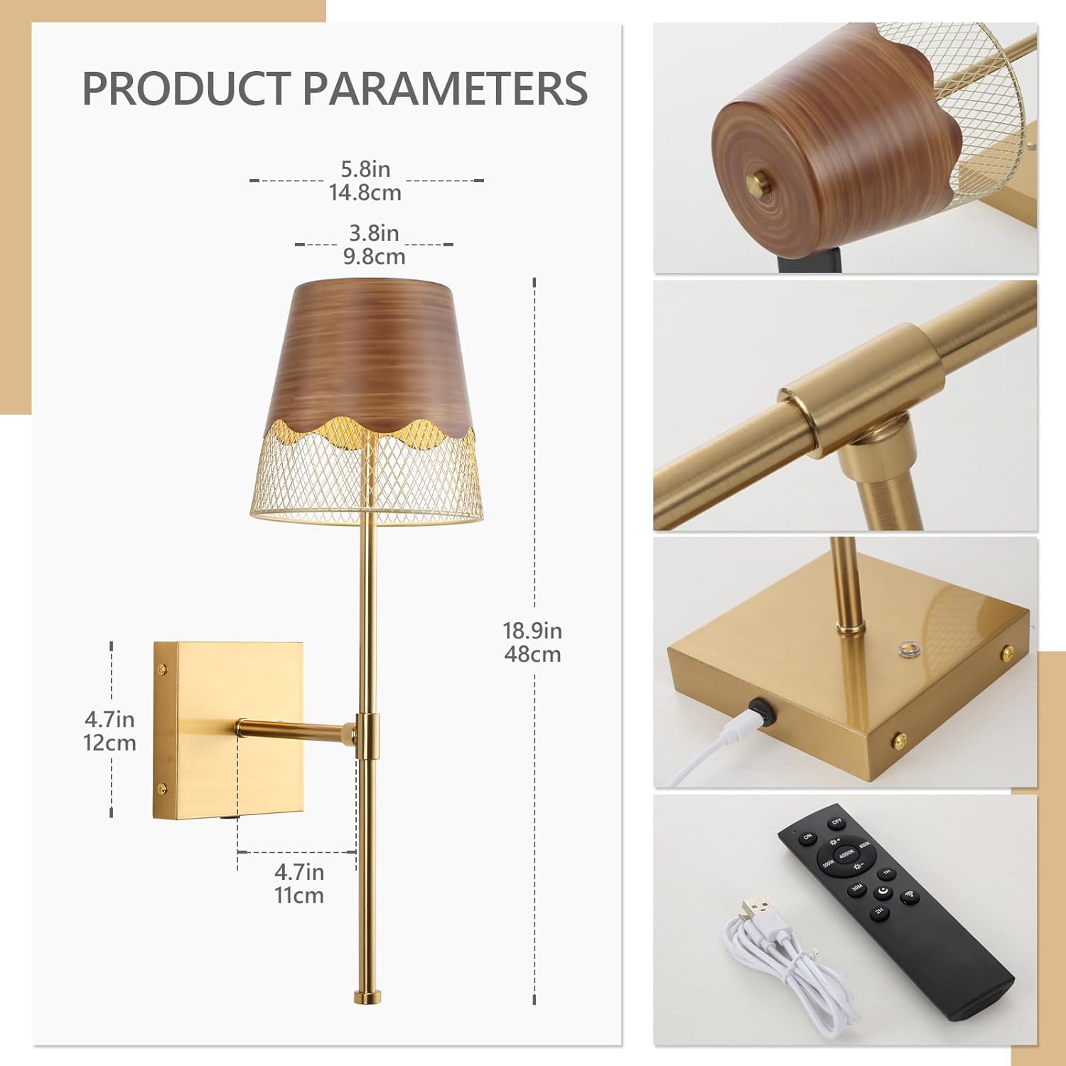 Gold Battery Operated Wall Sconces Set of 2, Cordless LED Wall Lights with Touch and Remote,Stepless Dimmable and Rechargeable Lighting for Living Room, Bedroom,Bathroom,Hallway,Gifts