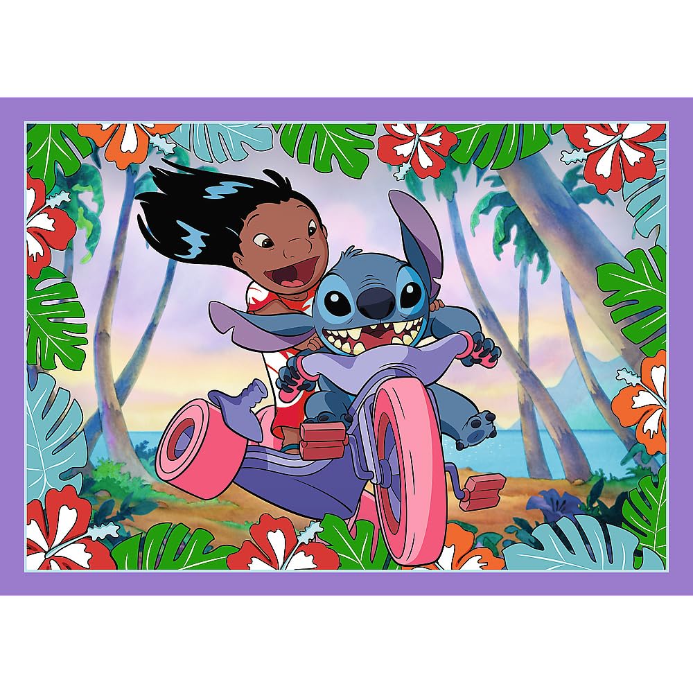 Trefl - Lilo & Stitch, Szalony dzień Lilo & Stitch - Puzzle 4w1, 4 Układanki, od 35 do 70 Elementów - Różny Stopień Trudności, Kolorowe Puzzle z Bohaterami Bajki, Zabawa dla Dzieci od 4 lat