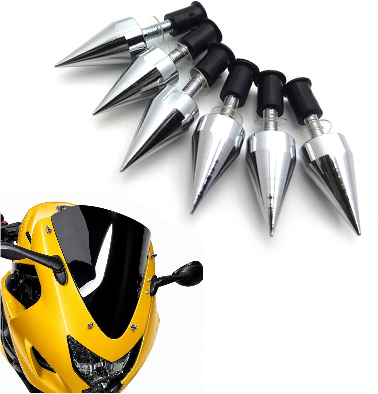 6pc Chrome CNC Billet Aluminum Spike Windscreen Bolts M5x48mm rubber well nuts and washers set, Anodized Finish, Fits Universal Sportbike Fairing Patterns Including ZX-10R GSXR YZF-R1 CBR