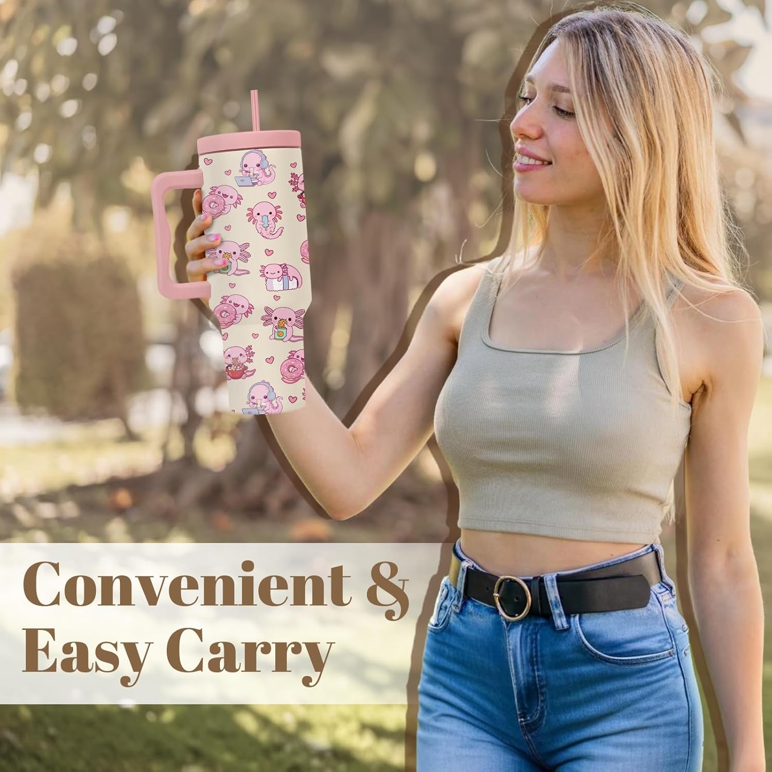 Axolotl Tumbler 40 Oz, Axolotl Gifts For Women, Cute Axolotls Tumbler With Handle, Birthday Gifts For Axolotls Lovers, Pink Insulated Tumblers Cup - Image 6