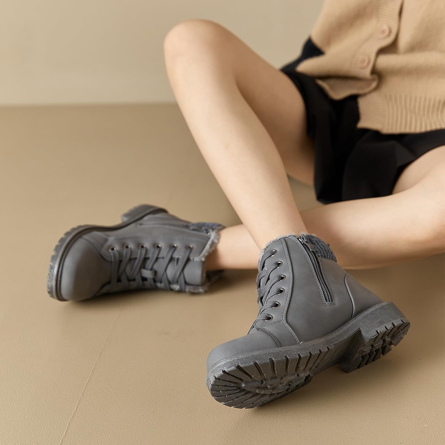 Uoidru Combat Boots For Women Ankle Booties Black Winter Snow Boots White Lace Up Boots Comfort Fuzzy Boot Side Zipper Short Boots - Image 6