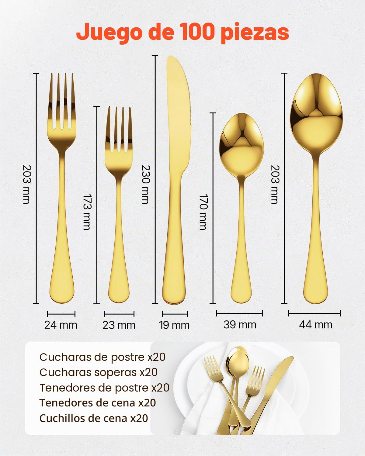 VEVOR Juego de Cubiertos Dorados de 100 Piezas, Acero Inoxidable de Grado Alimenticio para 20 Personas, con Acabado de Espejo, Vajilla Apta para Lavavajillas, Incluye Cuchillo, Tenedor y Cuchara