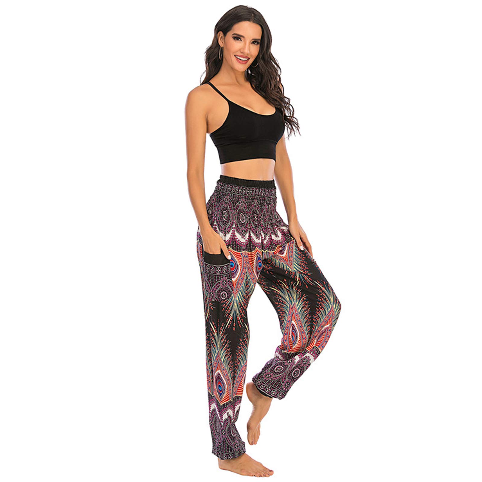Sarouel Femme Pantalon Hippie Élastique Pantalon Jogger Poche Baggy Taille Haute Gym Sport Lounge Pantalon pour Yoga Summer Plage 002-Taille Unique