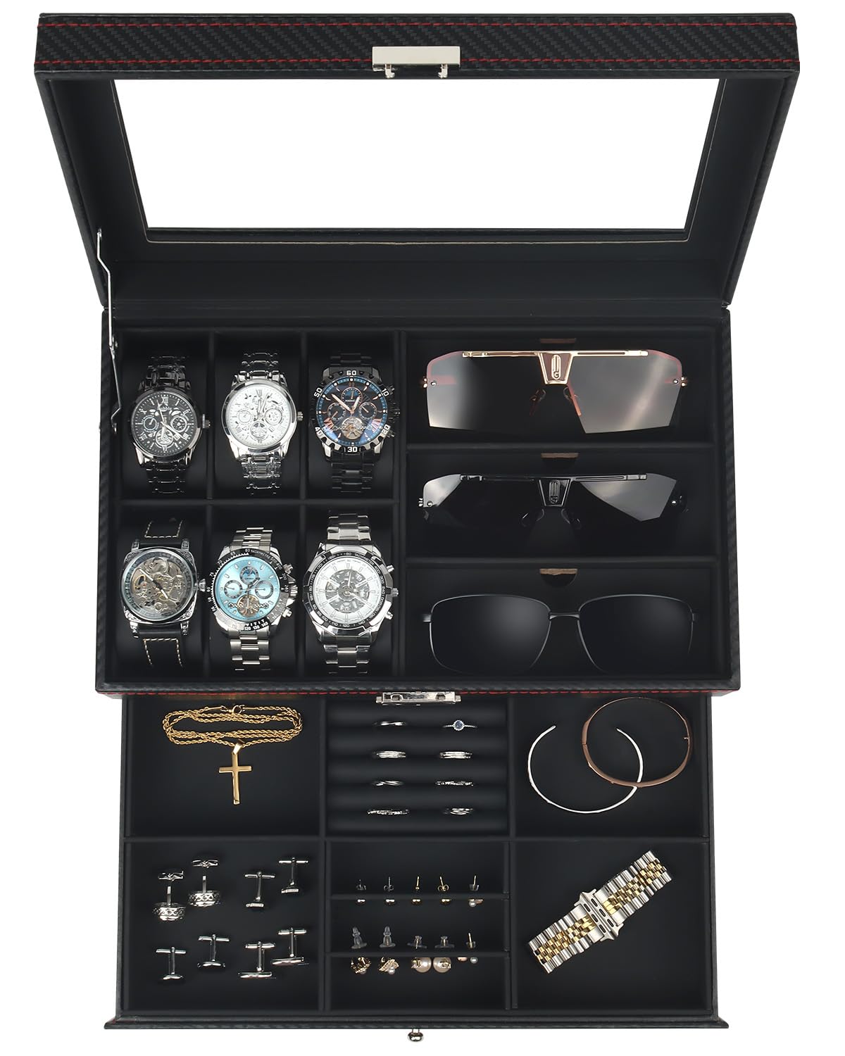 Kukikan Boîte à bijoux pour montres, 6 emplacements, 2 couches de rangement, grand couvercle en verre, boîte à bijoux pour homme avec serrure, support de montre
