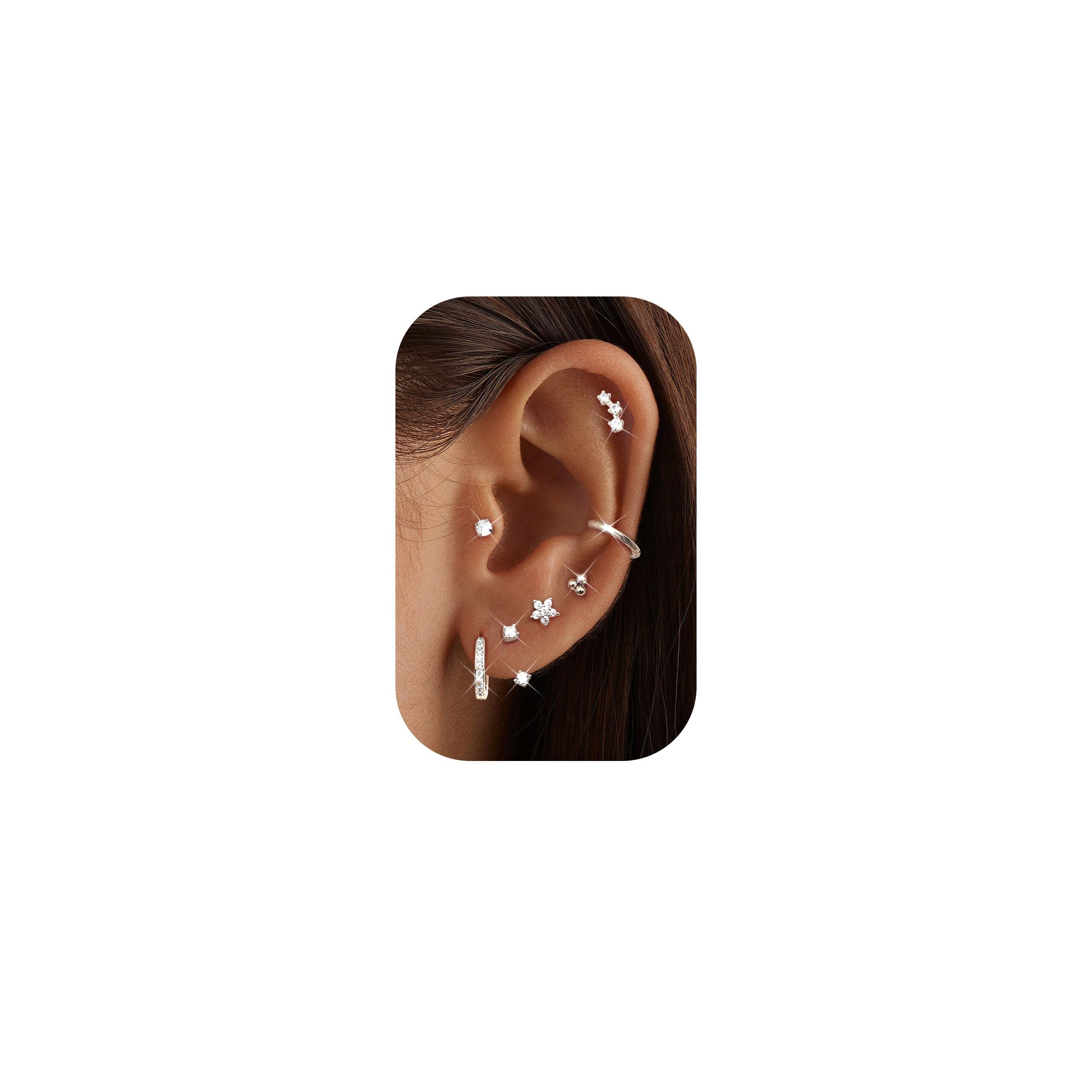Diamday 7 par srebrnych kolczyków dla kobiet, hipoalergiczne kolczyki koła ze stali chirurgicznej, złote sztyfty, zestaw kolczyków Huggie, helix, tragus, muszla, biżuteria, zestaw kolczyków do