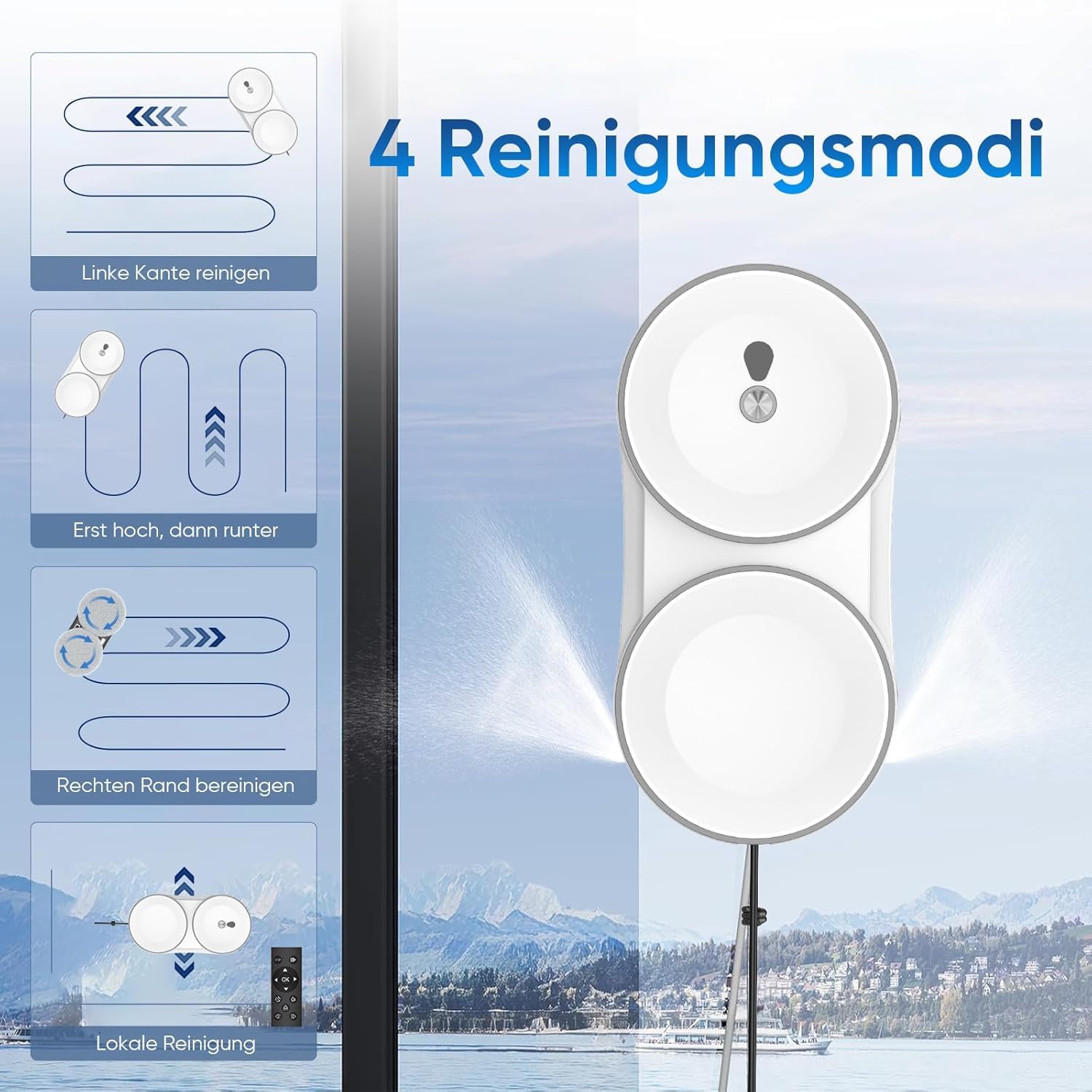 Fensterputzroboter, 5600 Pa Fensterroboter mit Fernbedienung, 3 Reinigungsmodi, mit Automatische Doppel-Sprühfunktion, Intelligente Navigation, mit 60ML Tank, für Glas und Glastüren (Weiß B)