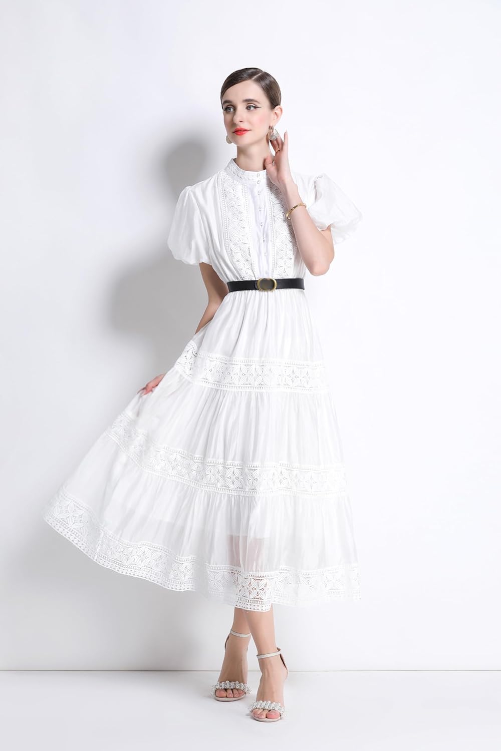 LAI MENG FIVE CATS Women's Summer Puff Sleeve Round Neck Button Lace Lightweight Midi Dress