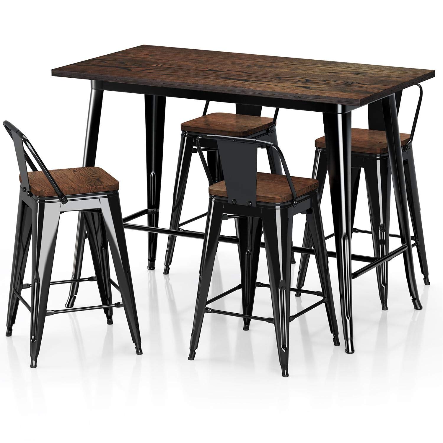 VIPEK Metal Counter Height Dining Table Stools Sets with Solid Wood Top Low Backrest Heavy Duty 35.43" Table 4pcs 24 inch Chair for Farmhouse Bar Patio Pub Restaurant Bistro Cafe Kitchen Gloss Black