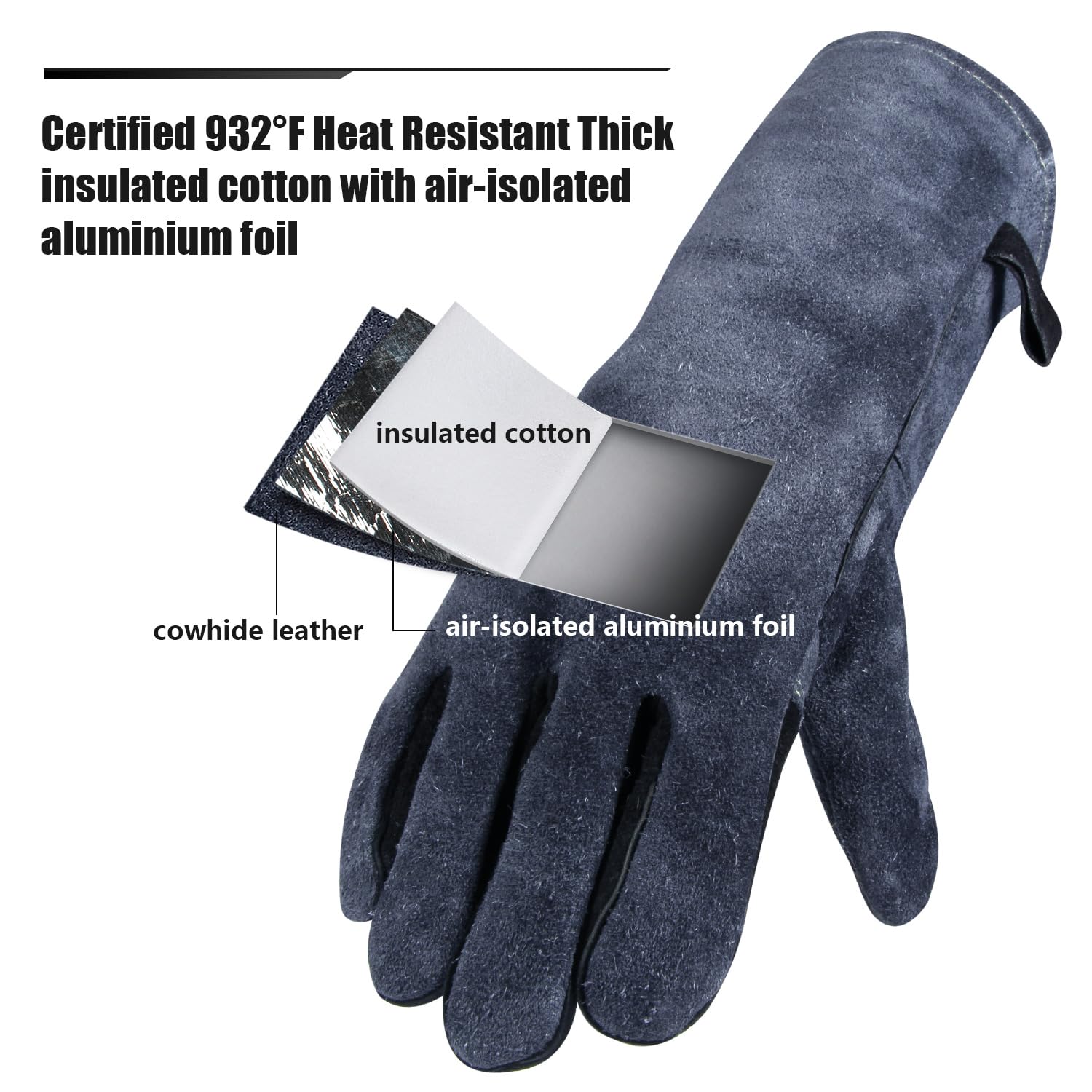OZERO 16 Inches 932°F Leather Welding Gloves, Heat-Resistant Fireproof Oven Mitts for BBQ Stove, Forge, Grill Wood Burners - Image 2