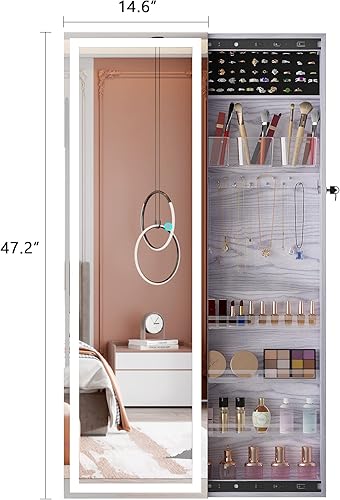 Miniatura 2 de Lvifur Armario de joyería LED con espejo de longitud completa armario organizador de joyas de gran capacidad espejo con cerradura con almacenamiento