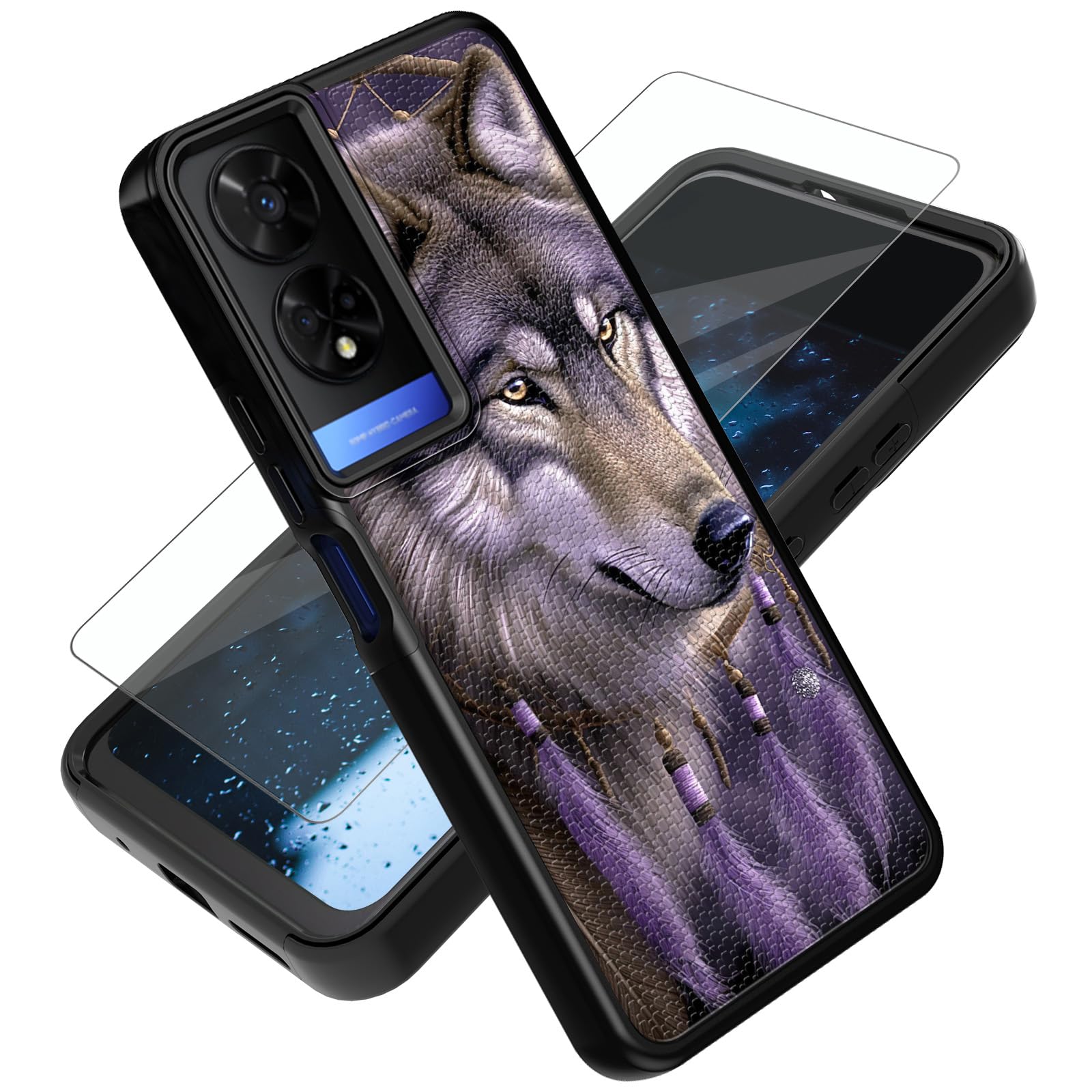 AIRWEE Dual Layer Case for TCL 50 XE Nxtpaper 5G, Shockproof Scratch-Resistant TPU & PC Hard Cover with Screen Protector, Full-Body Anti-Slip Particle Rugged Case for TCL 50 XE, Dream Wolf