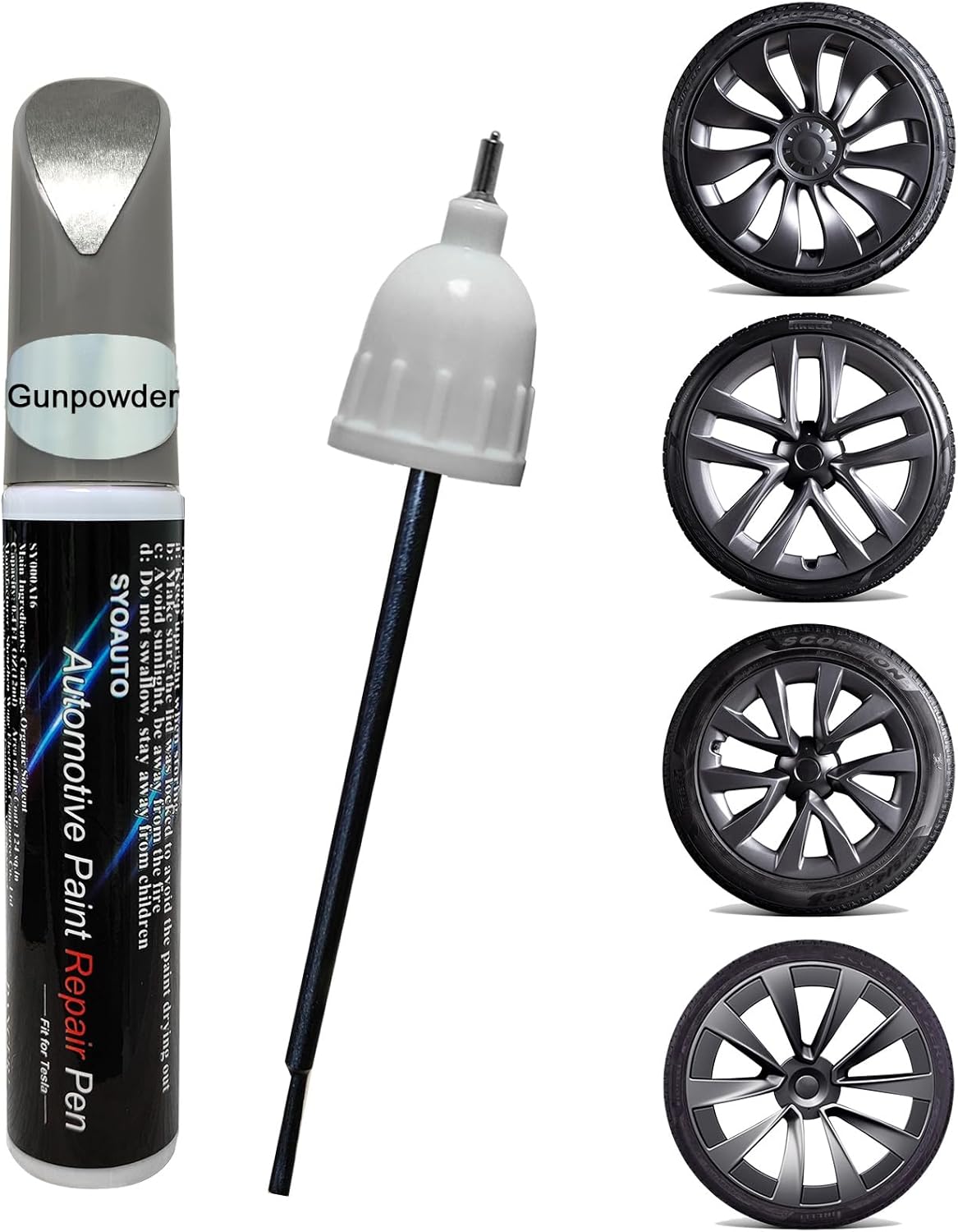 Product image of SYOAUTO Gunpowder Rim Touch Up Paint For Tesla Model Y 3 S X Uberturbine/Arachnid/Cybersteam/Turbine Wheel Touch Up Paint Pen Tip and Brush 2 in 1 Rim Scratch Repair Wheel Curb Rash Paint