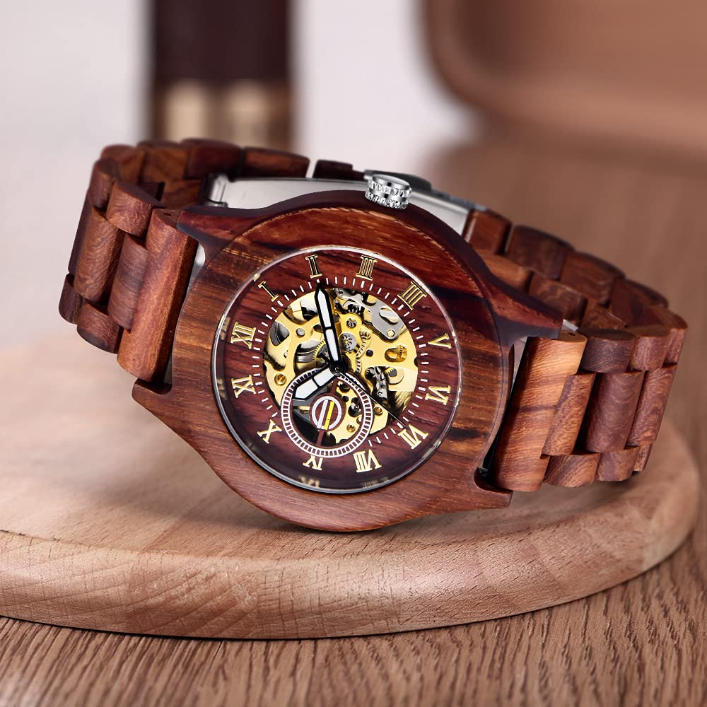 Tiong Men's Wooden Mechanical Watch Automatic Battery-Free Men's Watch, Mens Skeleton Wooden Watch