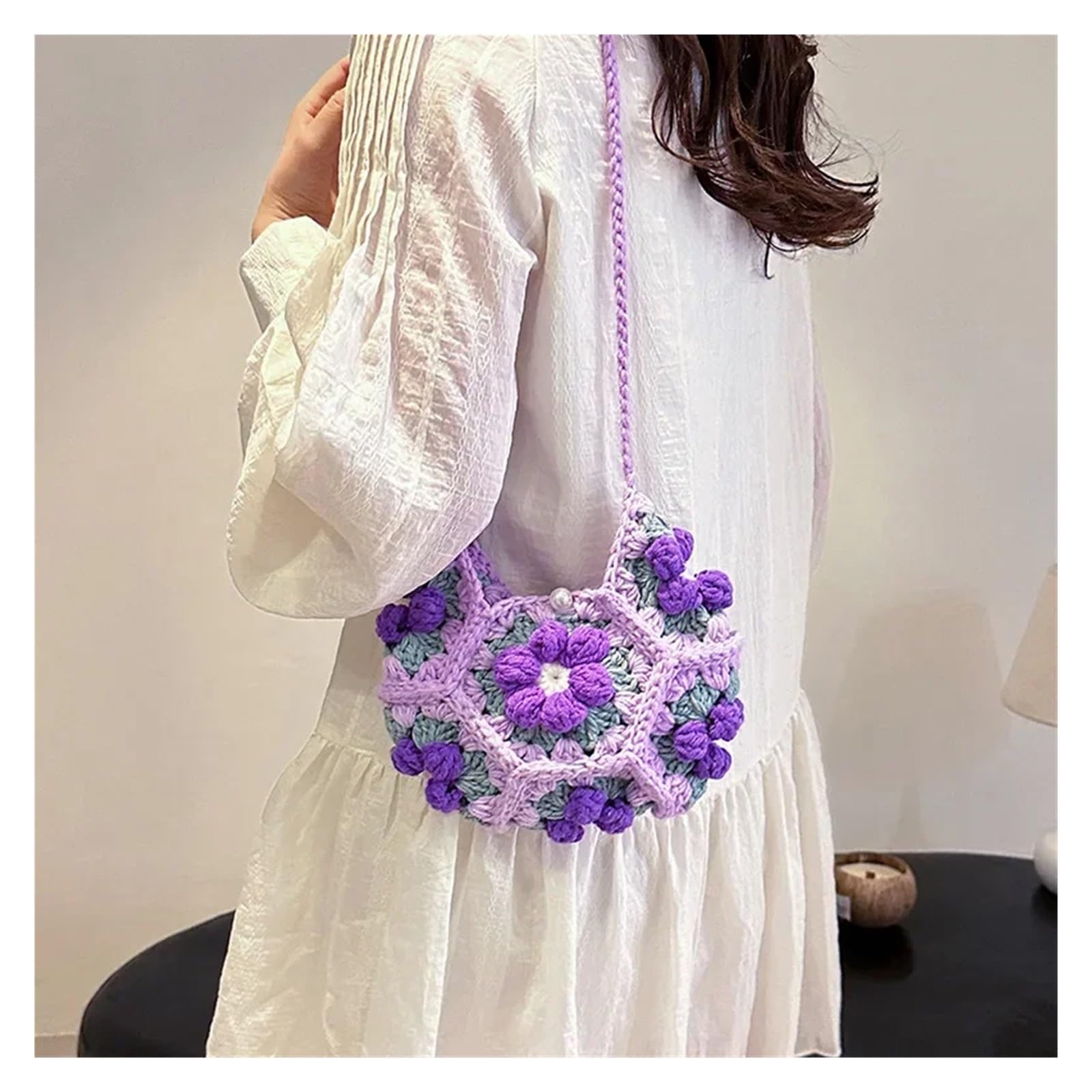 Bolso De Punto Con Flores Bolso de punto de verano for niñas, pequeño bolso bandolera con flores frescas, informal, de calle, tejido a mano, for mujer