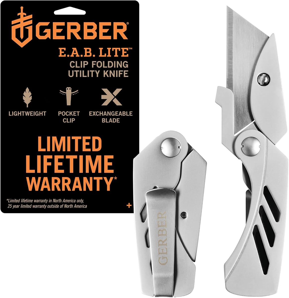 Gerber Gear EAB Lite Pocket Razor Knife with Money Clip - EDC Gear Folding Stainless Steel Utility Knife with Box Cutter Blade for Everyday Carry | Replaceable box cutter blade, stainless steel, compact EDC gear for men, everyday carry, belt clip included, utility knife