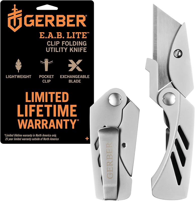Gerber Gear EAB Lite Pocket Razor Knife with Money Clip - EDC Gear Folding Stainless Steel Utility Knife with Box Cutter Blade for Everyday Carry | Replaceable box cutter blade, stainless steel, compact EDC gear for men, everyday carry, belt clip included, utility knife