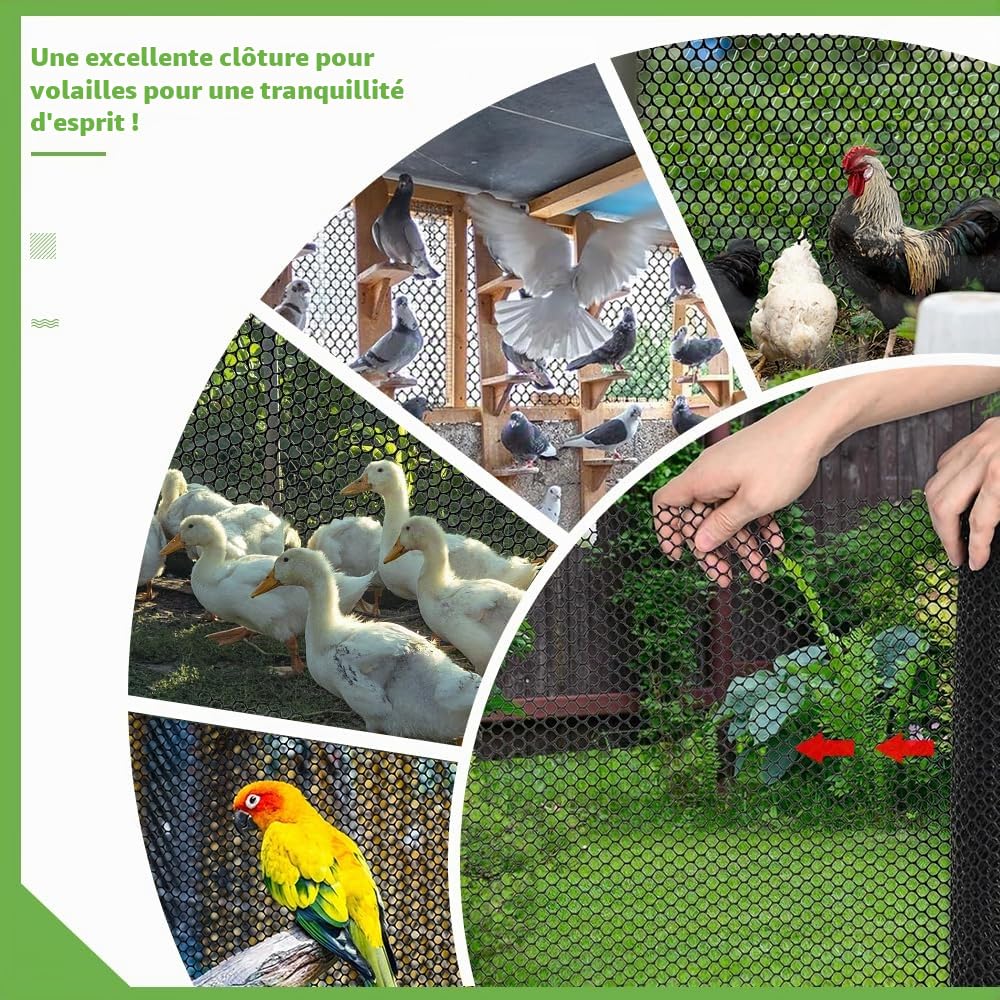 Clôture en Maille Plastique Noir, 6 m x 40 cm Grillage Plastique Petite Maille Filet de Clôture en Hexagonal Protection Balcon Chat avec 60 Serre-Câbles pour Poulailler, Chat, Balcon