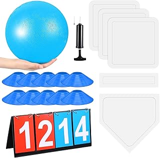 Jenaai 18 Pcs Sports Kickball Set Includes Playground Ball 5 Rubber Throw Down Bases Ball Pump Scoreboard Net Bag 10 Foul Line Cones for Adults Playground Backyard Game(10 Inch,Blue)
