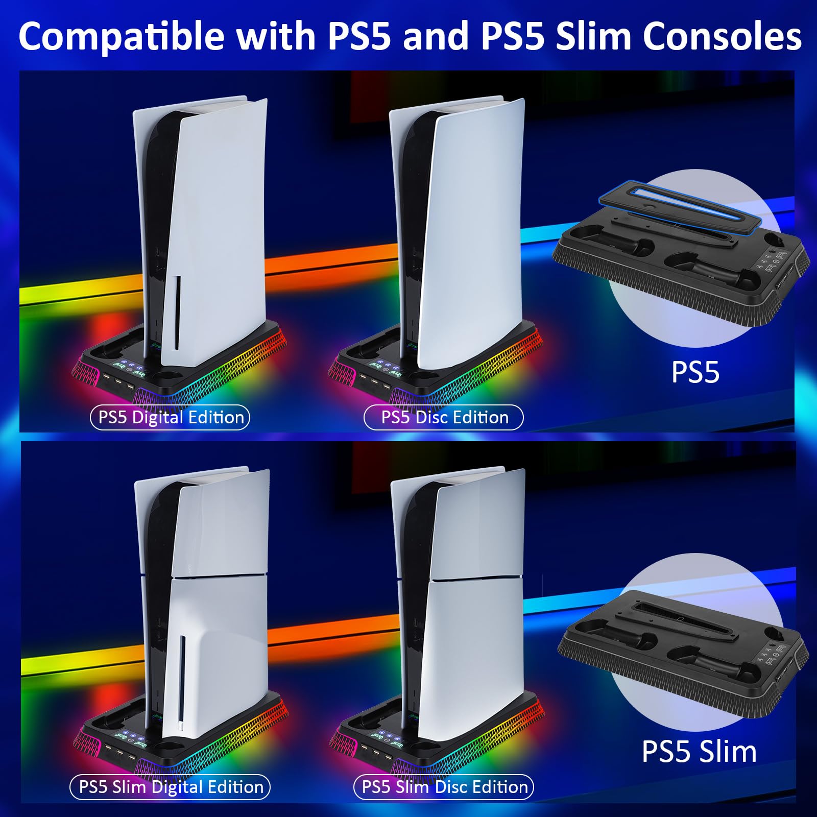 Supporto PS5 con Ventola di Raffreddamento & Luce RGB, Stazione di Ricarica Doppio Controller per PS5 & PS5 Slim Disc/Digital