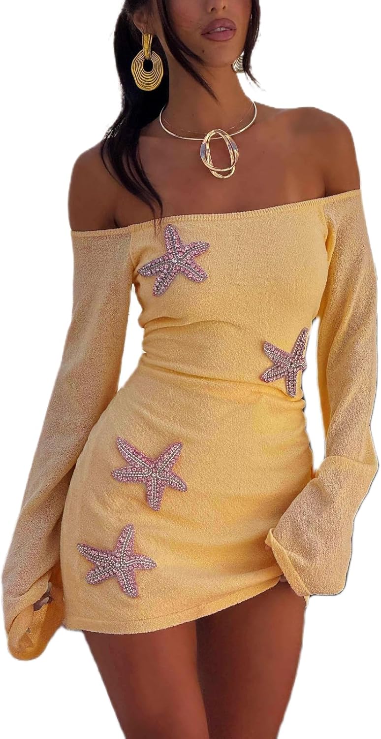 Women Starfish Sequin Mini Dress Off Shoulder Long Sleeve Mesh Knit Coverup Dress Summer Beach Vacation Dresses