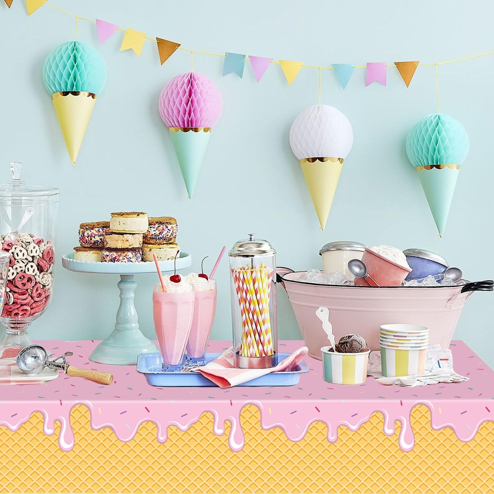 Paquete de 2 manteles de decoración de fiesta de helado, suministros de fiesta temática de helado, manteles rectangulares de 137 x 274 cm para cumpleaños de niñas, baby shower, fiestas