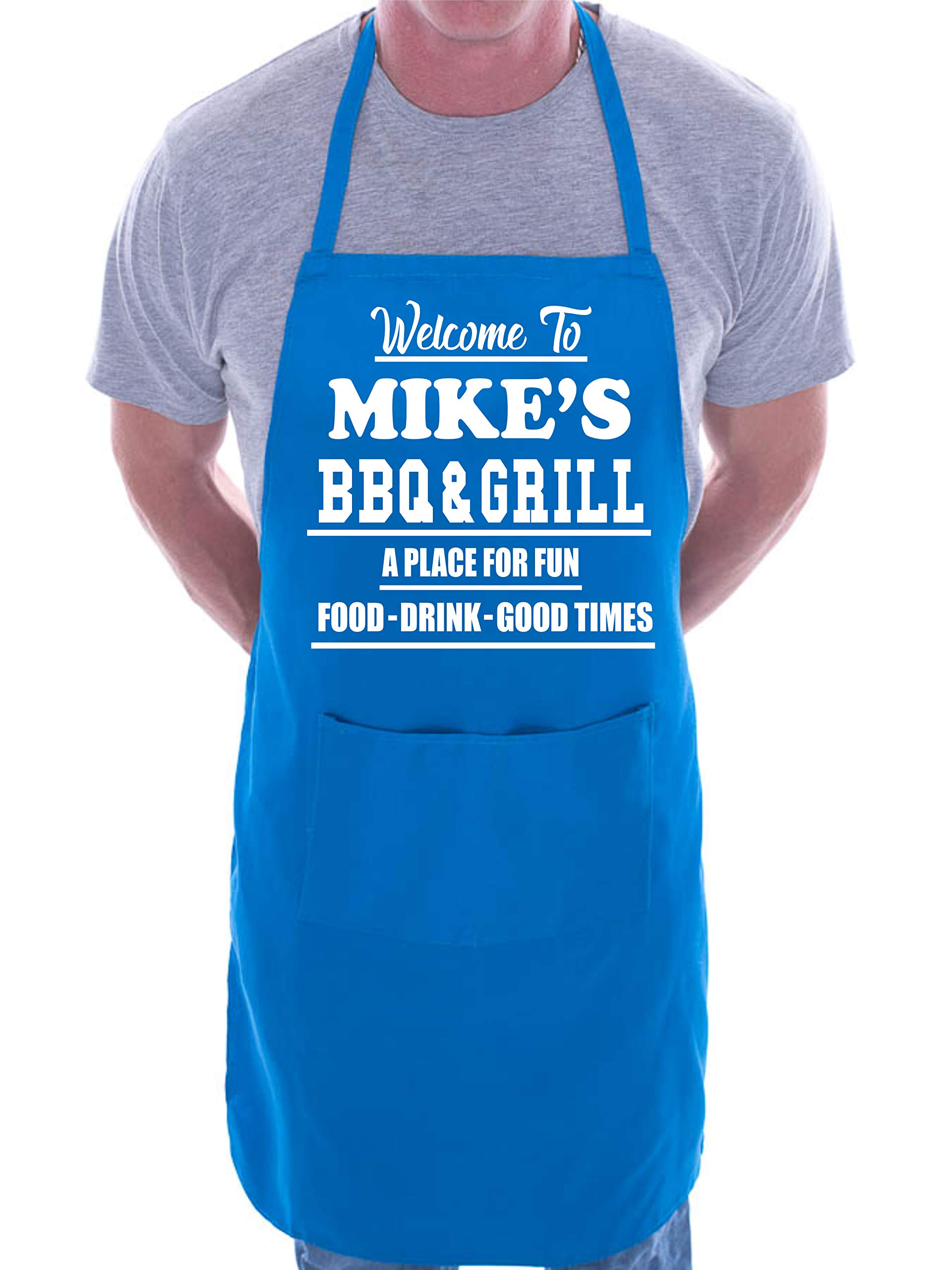 Print4U Apron Personalised Welcome To Mike's BBQ & Grill Blue