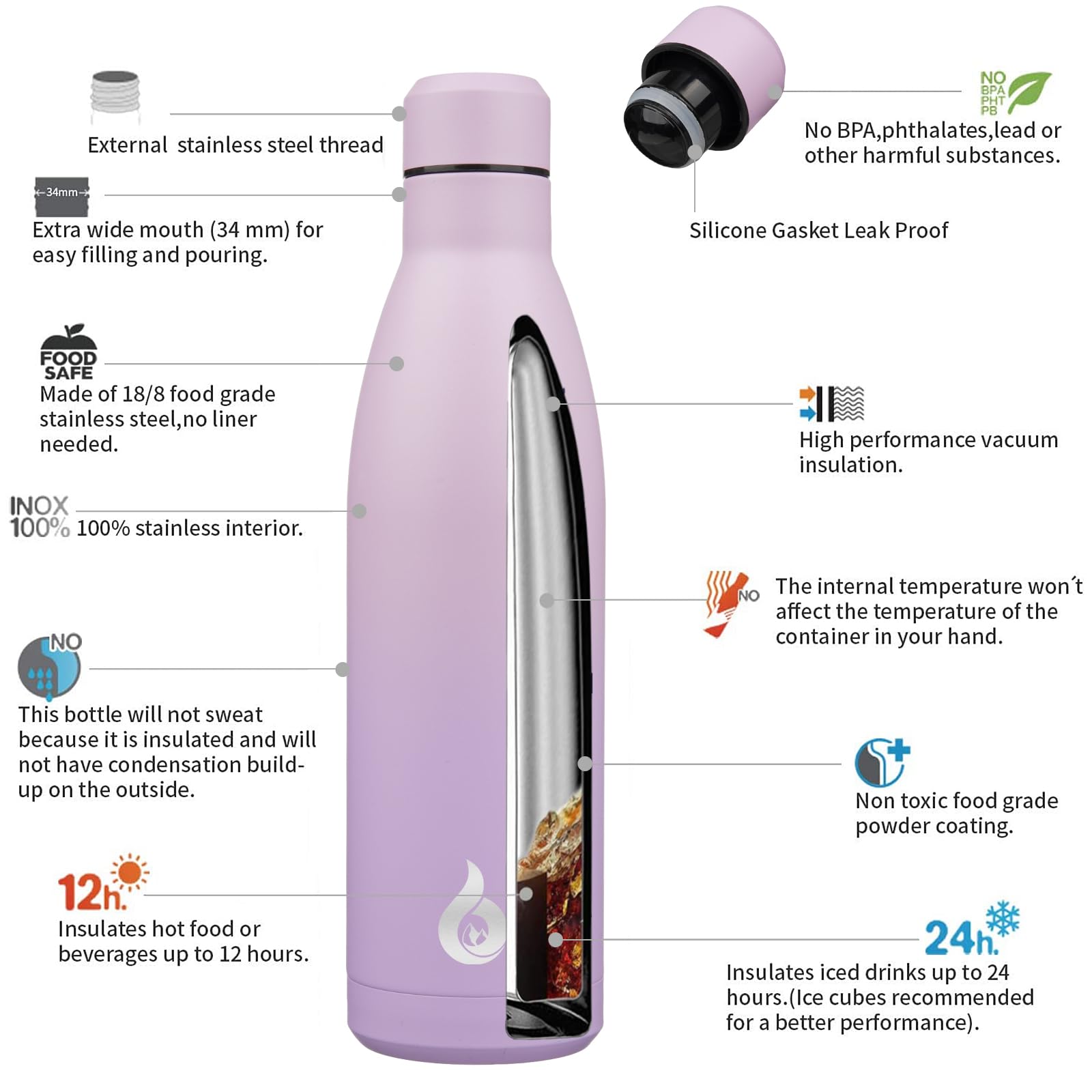 BJPKPK 25oz Insulated Stainless Steel Water Bottle - Purple Cap, Keeps Cold 24H & Hot 12H