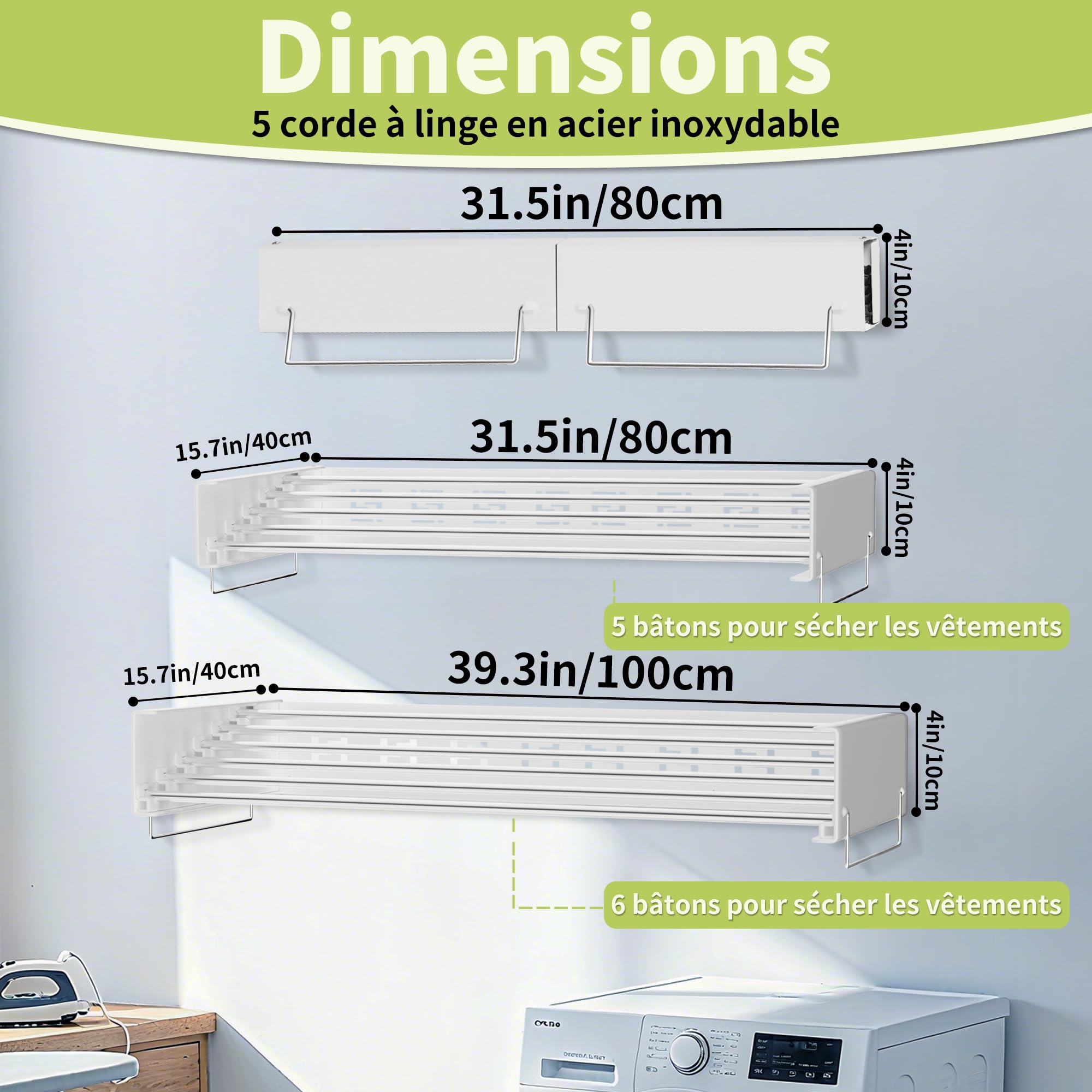 Stendibiancheria da parete con 5 barre, stendibiancheria pieghevole per interni ed esterni, 4 metri di lunghezza di essiccazione, risparmio di spazio, bianco (80 cm)