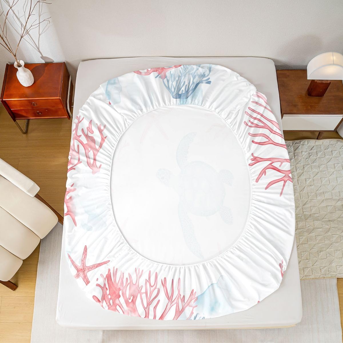 Manfei Sábana bajera ajustable de tortuga marina, tamaño King, juego de ropa de cama tropical hawaiana, 3 piezas, sábanas de estrella de mar coral con 2 fundas de almohada, decoración de habitación de