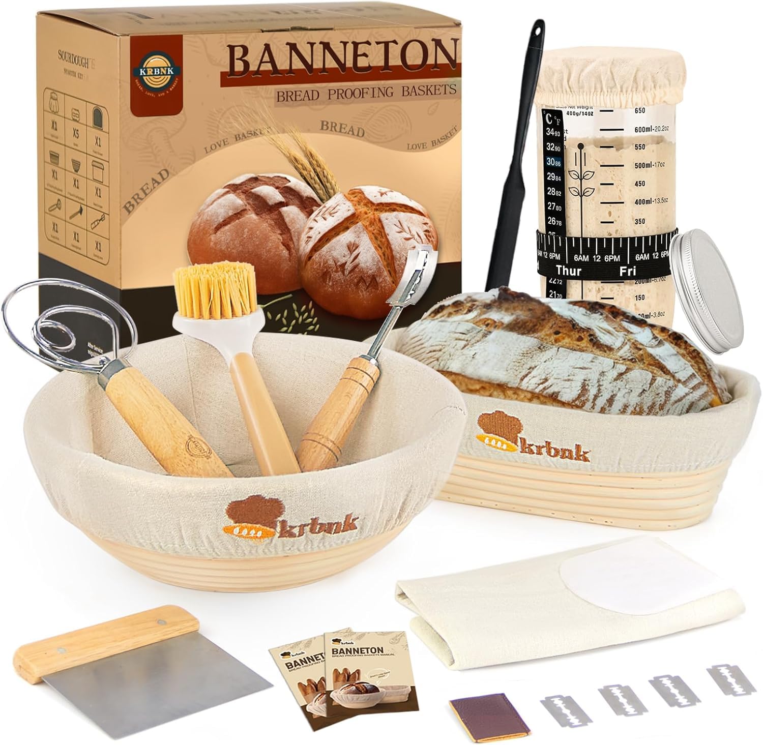 Sauerteig-Set für Anfänger, Brot-Banneton-Gärkörbe, 22,9 cm und 25,4 cm, 1000 ml Sauerteig-Starterglas, indonesisches Rattan-Backzubehör, Brot-Herstellungswerkzeuge, komplettes