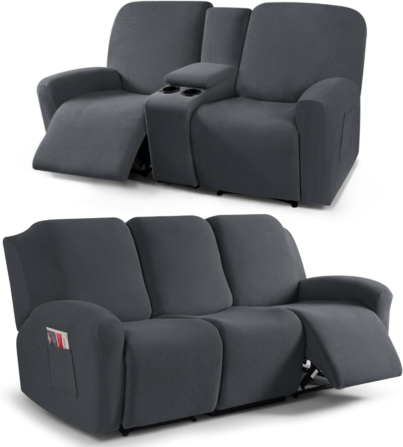 TAOCOCO Recliner Loveseat Cover with Middle Console & Recliner Sofa Covers for 3 Seat, Charcoal Grey