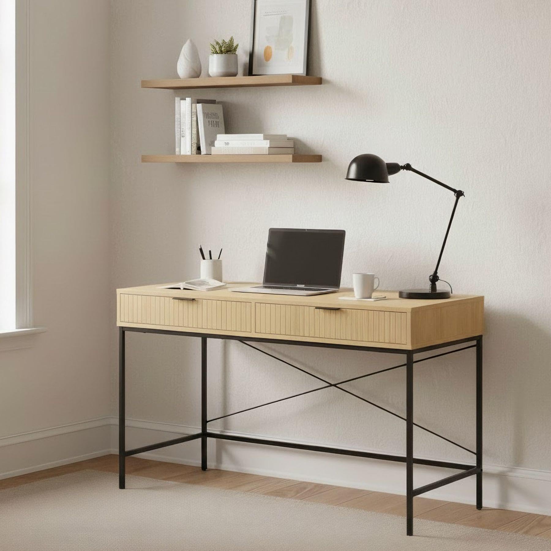 Home Source Wisbech Industrial Study Desk with 2 Drawers – Oak Effect Top, Black Metal Frame - 120W x 48D x 77H cm - Home Office Computer Desk