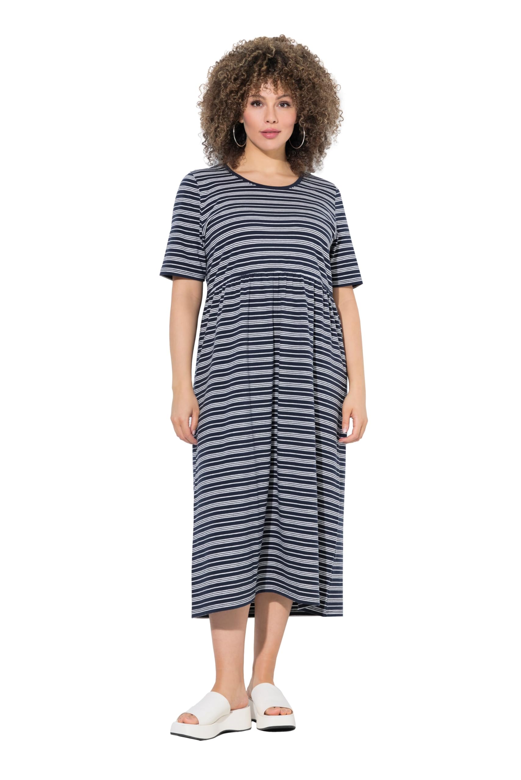 Ulla Popken Damen große Größen Übergrößen Plus Size Midikleid, Ringel, A-Linie, Rundhals, Halbarm 841136