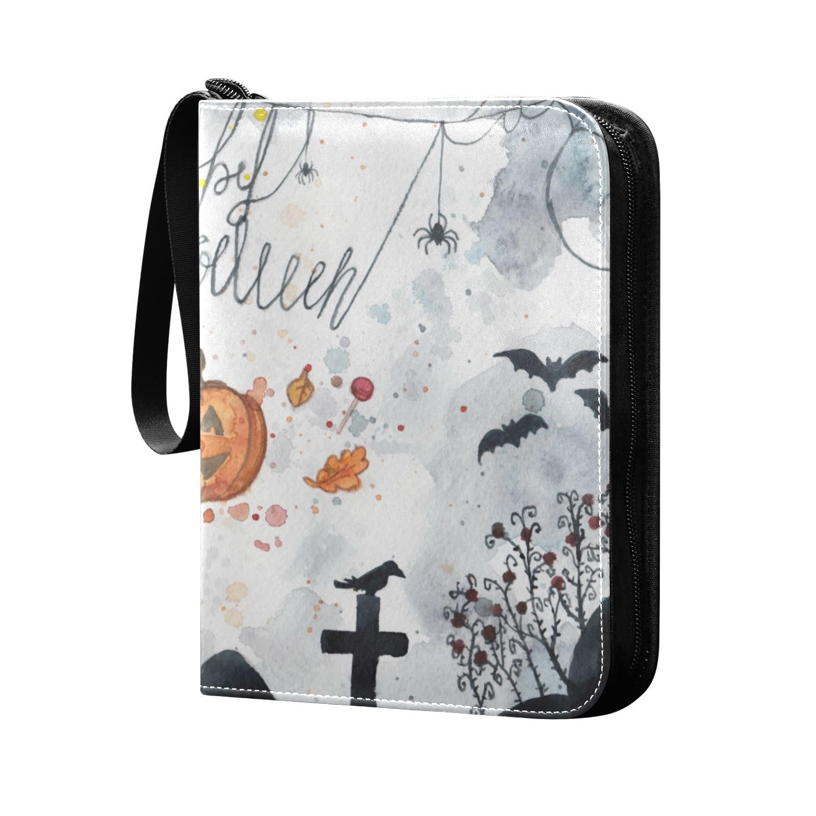 Oyihfvs Halloween Cobweb, Cemetery, Bats, Cat, Pumpkin in Vintage Retro PU Leather Card Storage Bag, With Zipper Waterproof 50 Pages 400 Slots Card Bag for Students Home School 15.74 x 9.64 inch