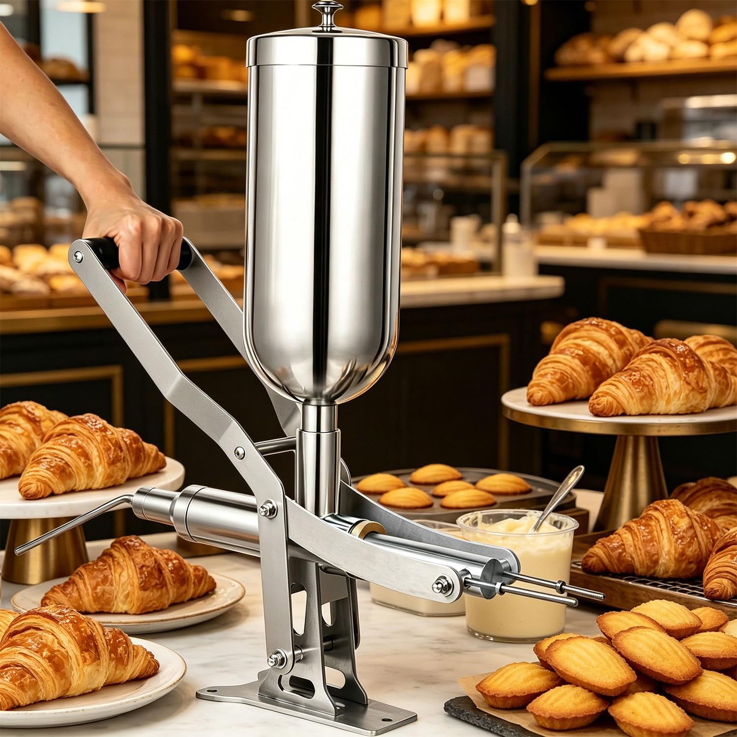 twostronking Donut Filler Machine, Croissant Filling Machine, 5l Manual Donut Filling Machine, With 3 Short Nozzles and 1 Long Nozzle, Adjustable Filling Amount, Filling Accuracy ±1g, For Bakeries