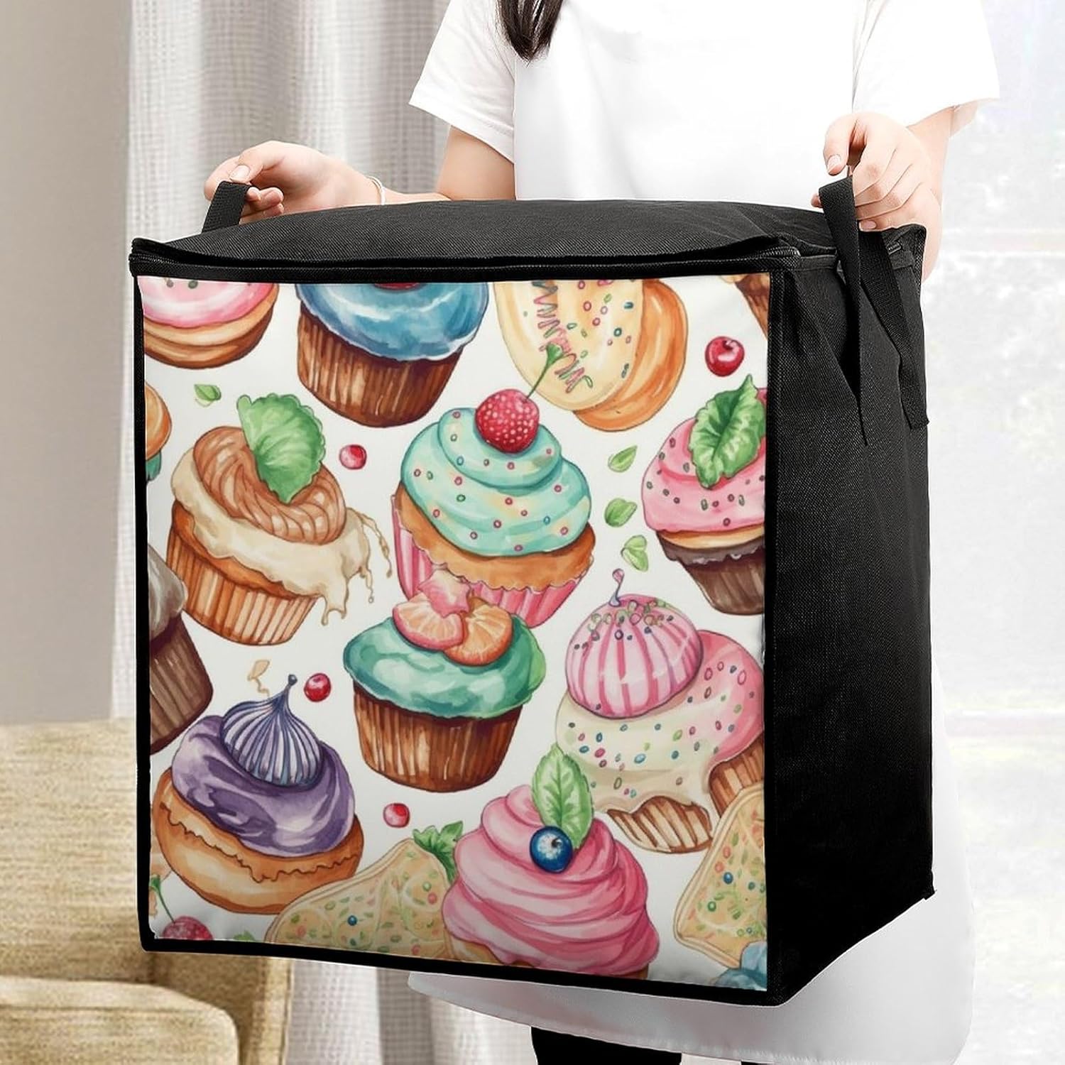 Quilt Storage Bag,Cupcakes Donuts Muffins Sugar Printed Large Foldable Storage Container Portable Travel Storage Bag for Blankets, Quilts, Clothes, Comforter, Bedding And Pillows