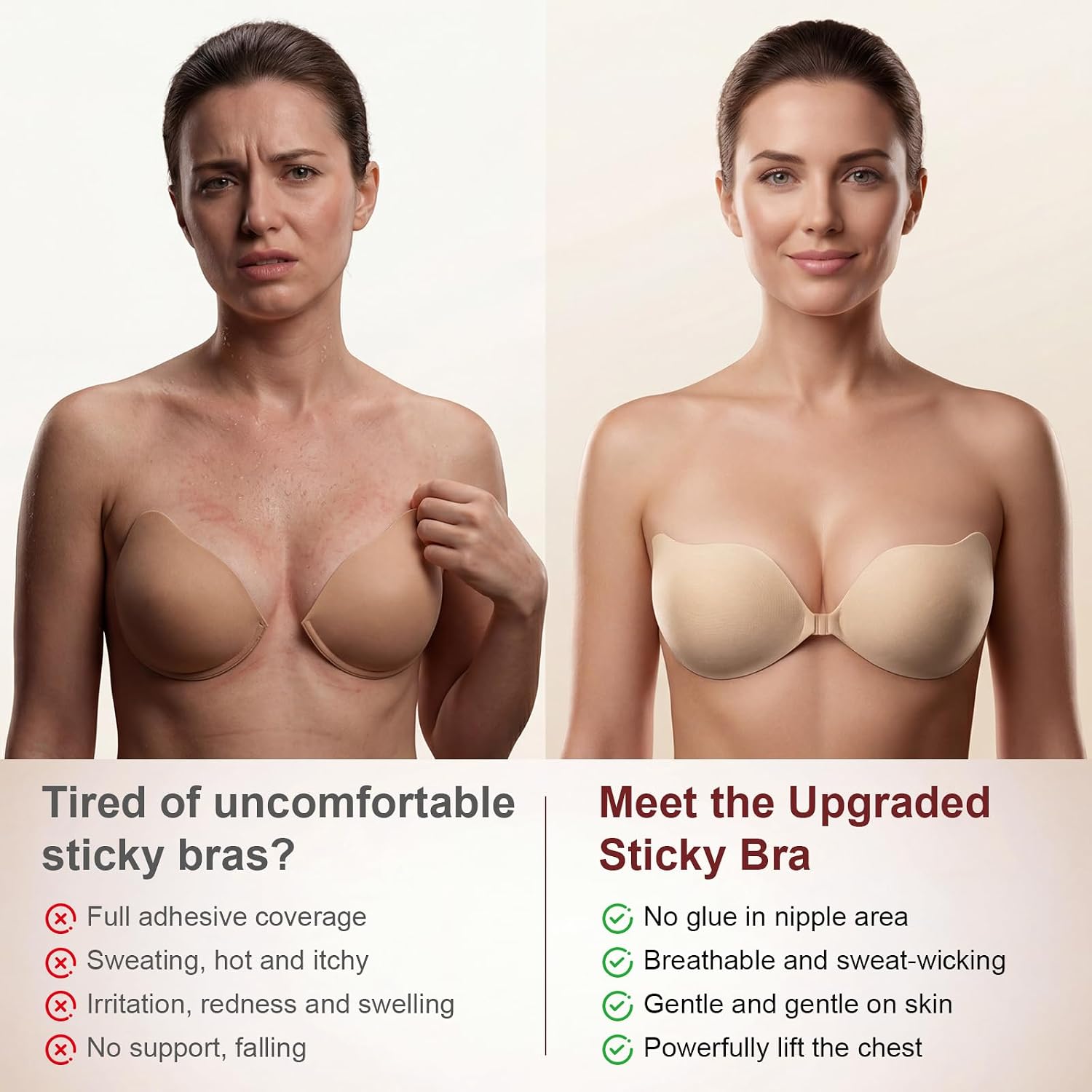 Strapless Sticky Bra Push up, Breathable Adhesive Bra, Non Adhesive Center