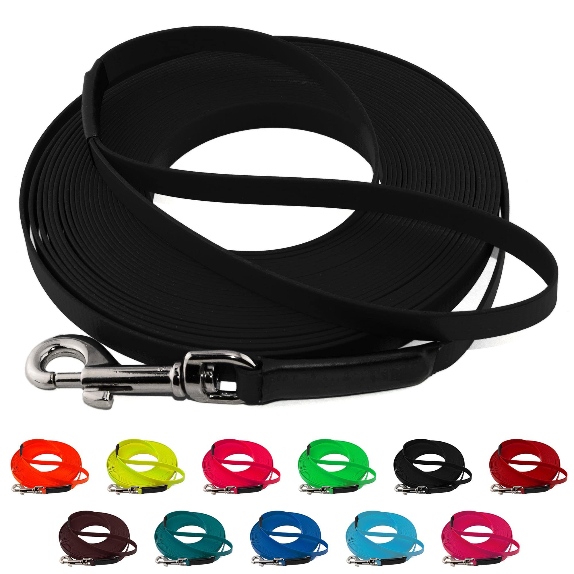 LENNIE Leichte BioThane Schleppleine, 19mm, Hunde ab 35kg, 10m lang, mit Handschlaufe, Schwarz, genäht