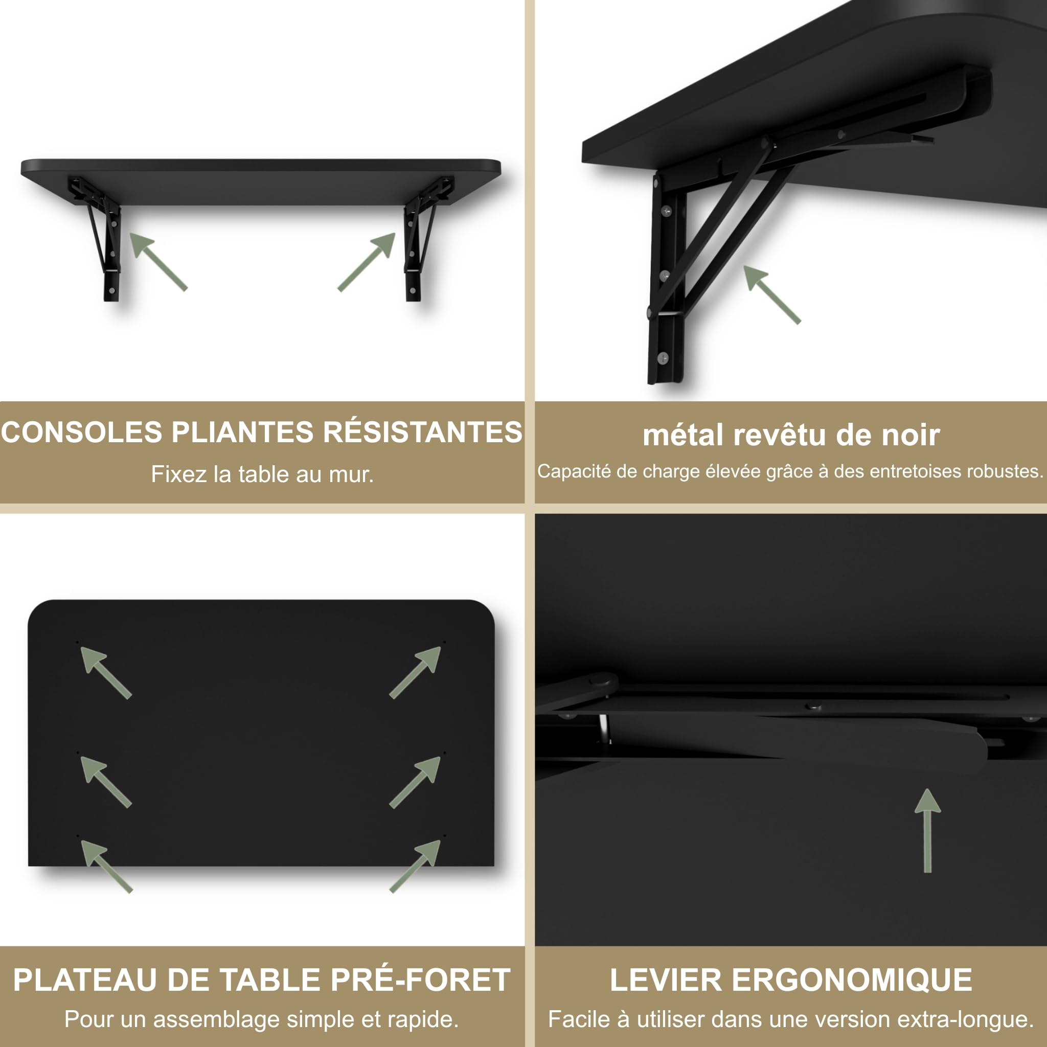 KDR Table Murale Pliante – Table Rabattable Gain de Place, Bureau Pliable ou Table de Cuisine et Salle à Manger, Table Murale pour Petit Espace, Table Mur Rabattable (Noir, 70×40 cm)