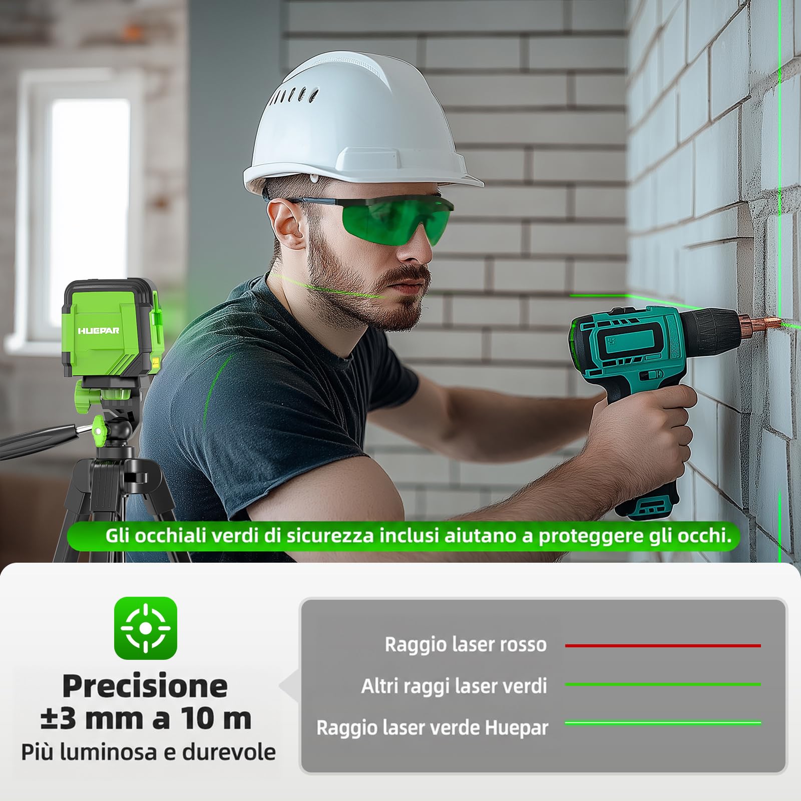 Huepar GK011DG Nivel Láser Autonivelante Verde con Trípode 1,52m, Línea Cruzada Horizontal/Vertical 110°, Alcance 30 m, con Bolsa, Gafas, Placa objetivo y 2 Pilas AA para Bricolaje, Casa, Carpintería