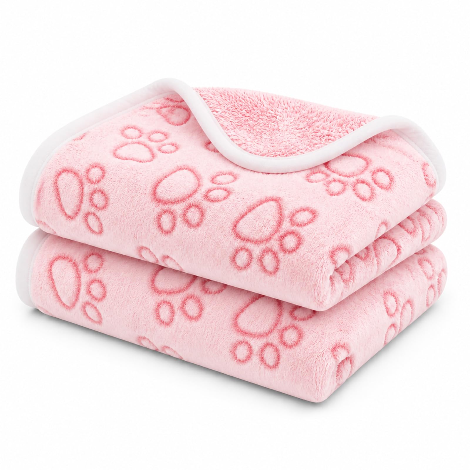 Dog Blanket 2Pcs, Soft Fluffy Fleece Pet Blanket for Dogs and Cats, Warm Paw Print Flannel Throw, Washable Puppy Blanket for Sofa, Bed, Crate, Pink, 40 x 60 cm