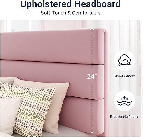 Miniatura 70 de Allewie - Base de cama tamaño King con cabecera tapizada en tela y soporte de listones de madera; base de colchón completamente tapizada; no Azul