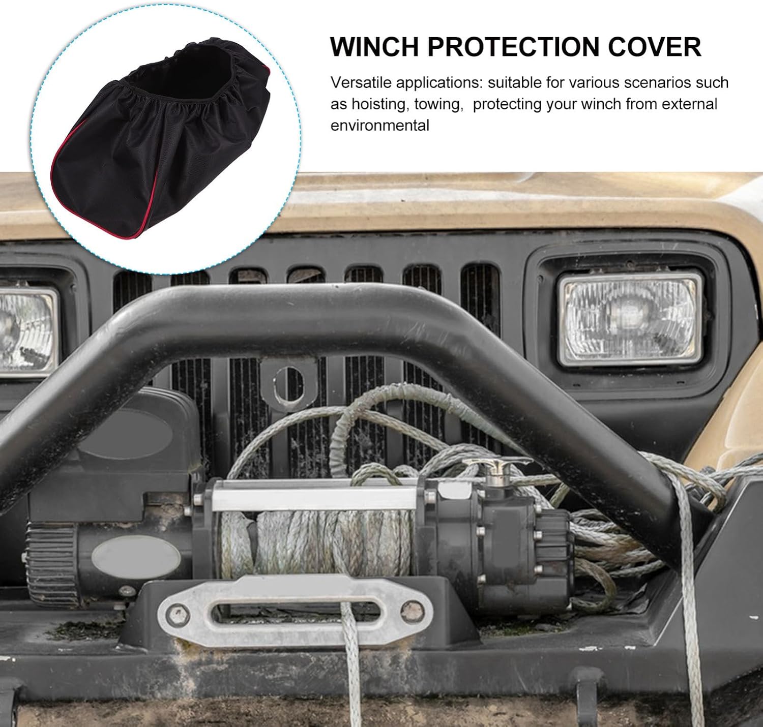 Heavy Duty 600d Oxford Fabric Waterproof Winch Cover with Red Trim Universal Electric Winch Protector for Cars and Trailers