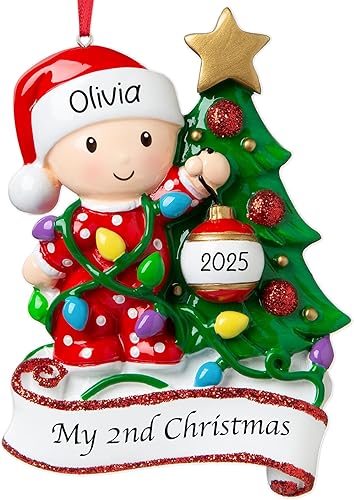 Adorno personalizado de segunda Navidad para bebé 2023  Decoración de árbol de Navidad para bebé niña y niño, color rojo  Mi segundo regalo de
