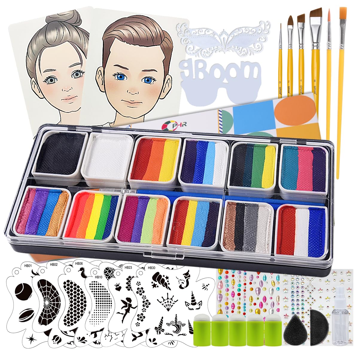 OPHIR Rainbow Face Painting Kit for Kids Party, 5.14 OZ Water Activated Split Cake Face Paint, Facepaint Makeup Kit with Face Paint Stencils, Brushes, Practice Boards and Gem Stickers for Halloween
