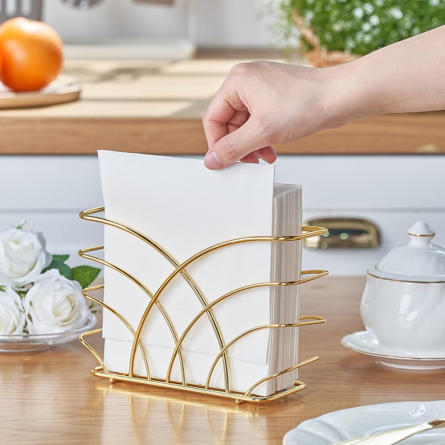 Craftland Metal Napkin Holder for Tableware with Weighted Arm,Square Paper Napkin Towel Holder,Decoratve Design,Modern Napkin Stand for Kitchen,Restaurant, Dining Table,Hotel,Gold (Tree Shape) 3