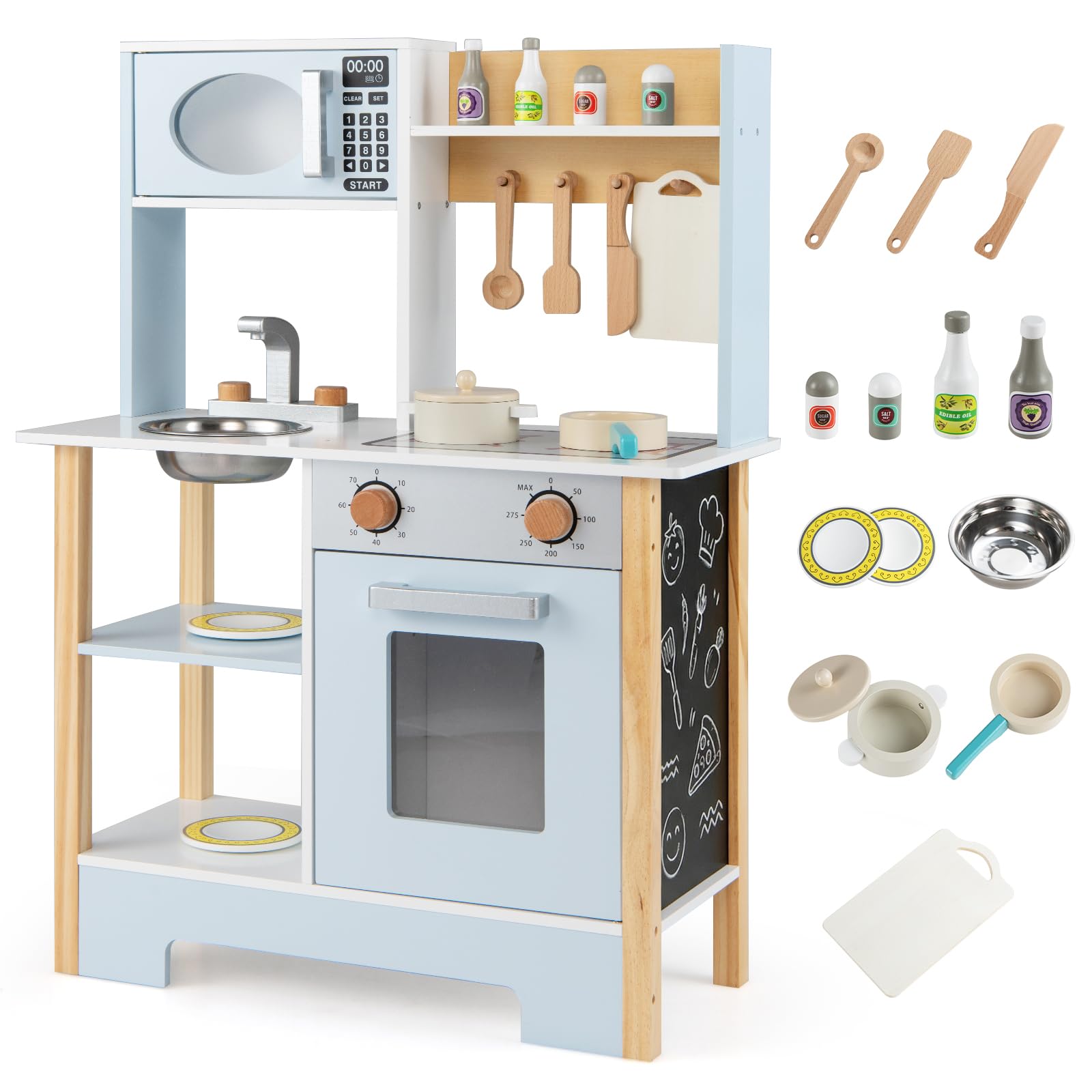 COSTWAY Cucina Giocattolo in Legno per Bambini, Set Cucina Gioco con Lavagna e Accessori Completi, Gioco di Finzione per Bambini 3+ Anni, 61,5 x 26 x 85 cm