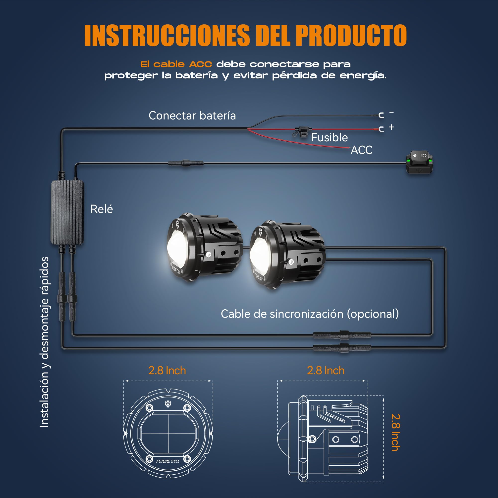 Future Eyes Faros Antiniebla LED para Moto, Foco Auxiliar de 60W con Giro de 360°, Luz Larga/Luz Corta, Luces Impermeables para Conducción Nocturna, ATV, UTV y Faros de Motocicleta