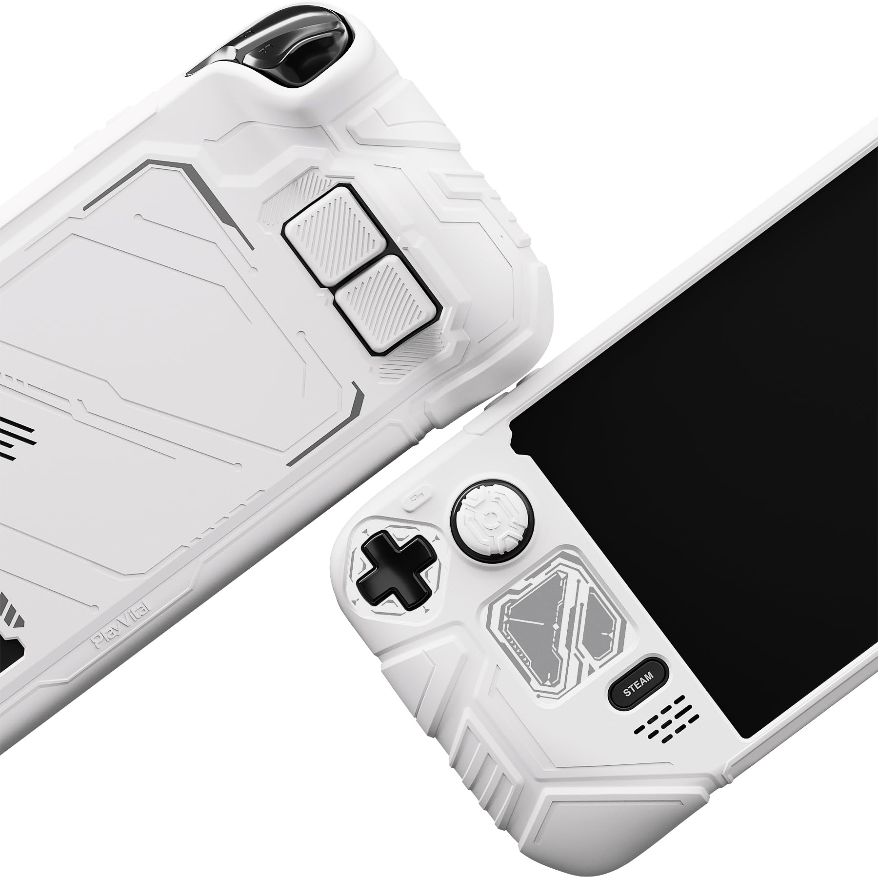 playvital Coque pour Steam Deck OLED & LCD avec Boutons Arrière & Capuchons Joystick & Autocollants,Housse Étui Silicone pour Steam Deck Accessoire Protection Antichoc Antidérapante-Blanc Mécha