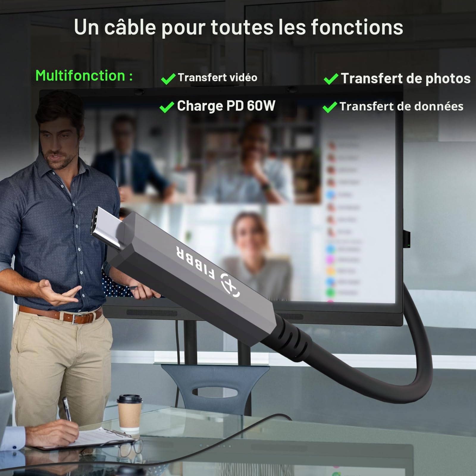 FIBBR 3 en 1 USB Câble 10M, Câble USB C vers USB C de 10 Gbps, 8K USB 3.2 GEN2 Câble, PD 60W pour la Vidéo à Domicile, Câblage de Surveillance, Système de Vision Industrielle, HD Vidéo